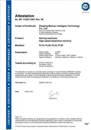 TUV Certificate No. M7 114521 0001 Rev. 00